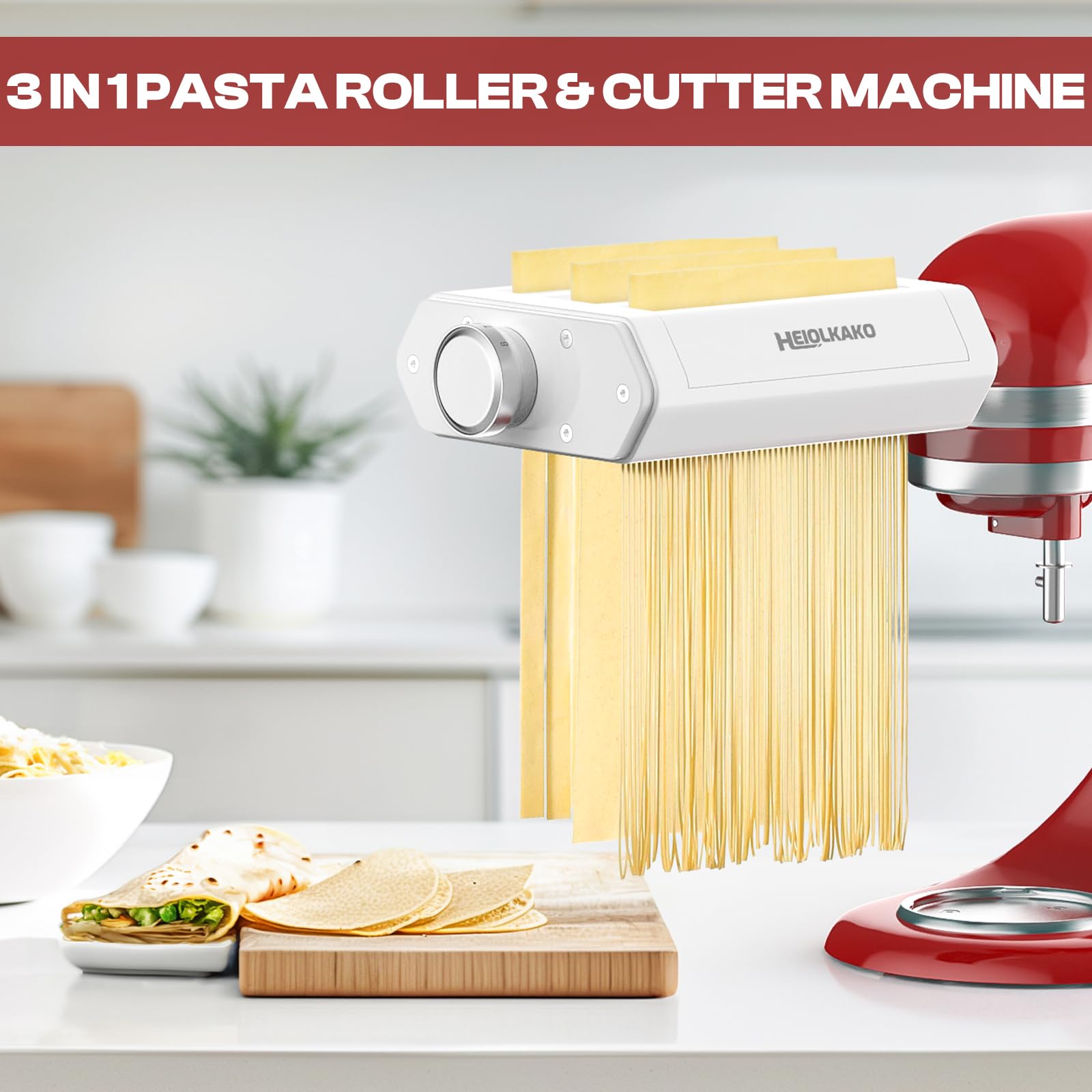 Heiolkako pasta attachment aluminum alloy close-up shows durable cutting components.