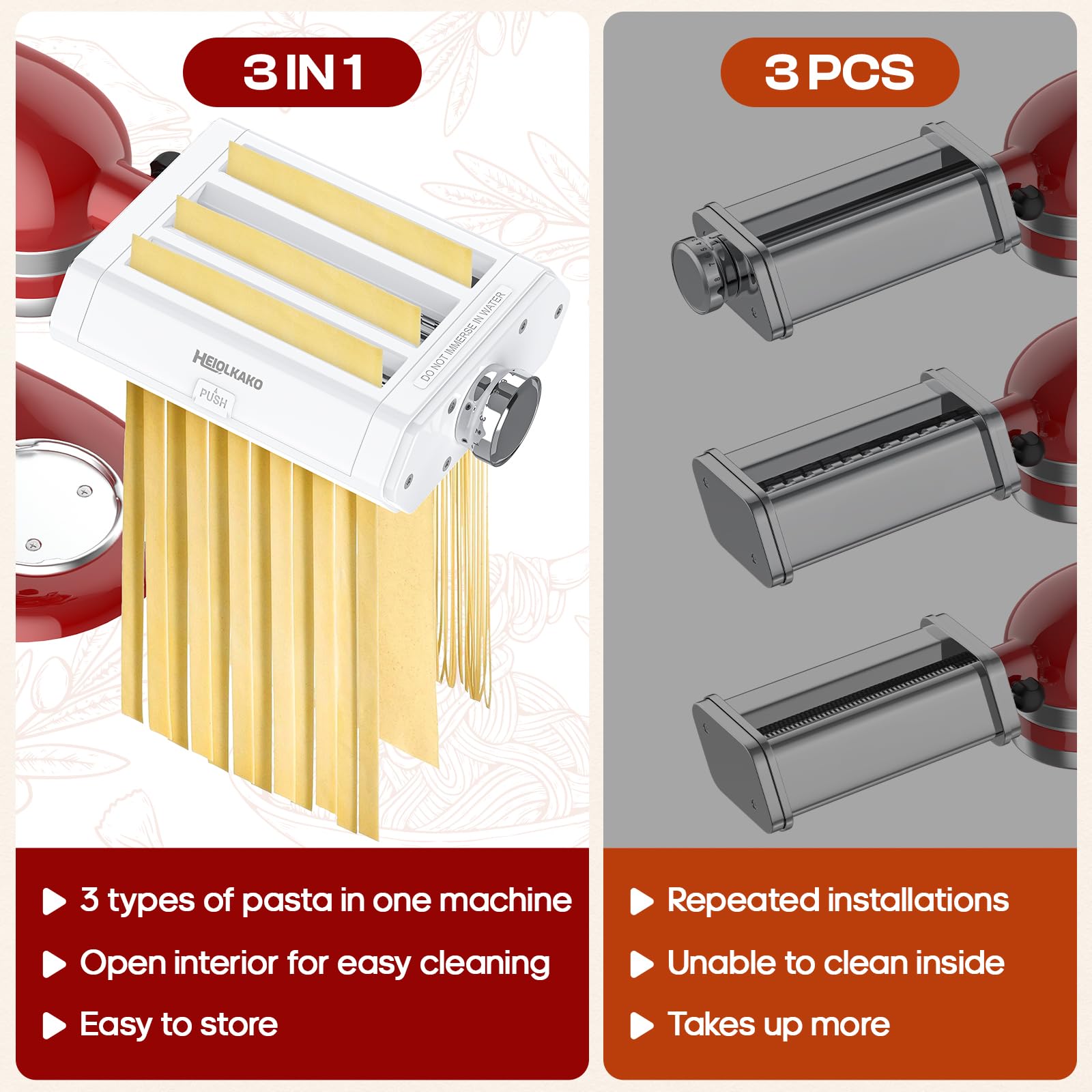 Heiolkako pasta attachment fettuccine cutter yields even fettuccine ribbons.