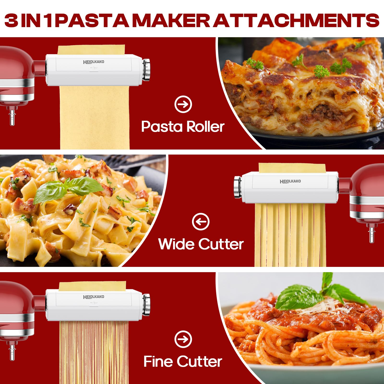 Heiolkako pasta attachment spaghetti cutter creates consistent spaghetti strands.