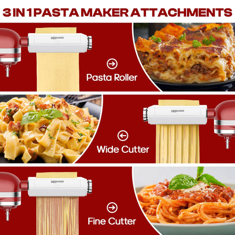 Heiolkako pasta attachment spaghetti cutter creates consistent spaghetti strands.