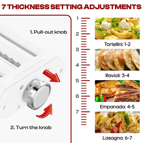 Heiolkako pasta attachment offers seven thickness settings for precise sheets.