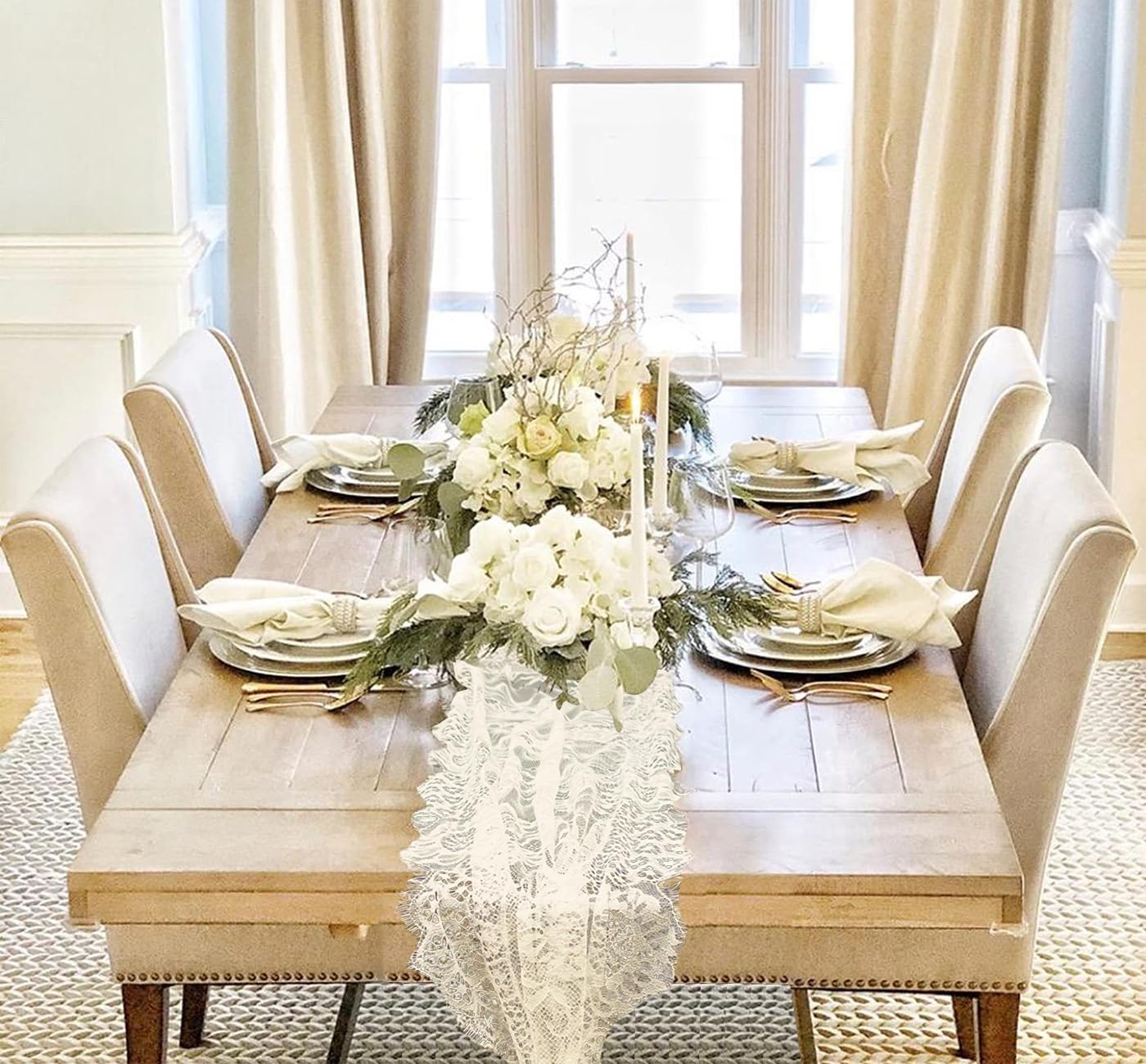 HEIPINIUYE embroidery detail highlights delicate craftsmanship on a white runner