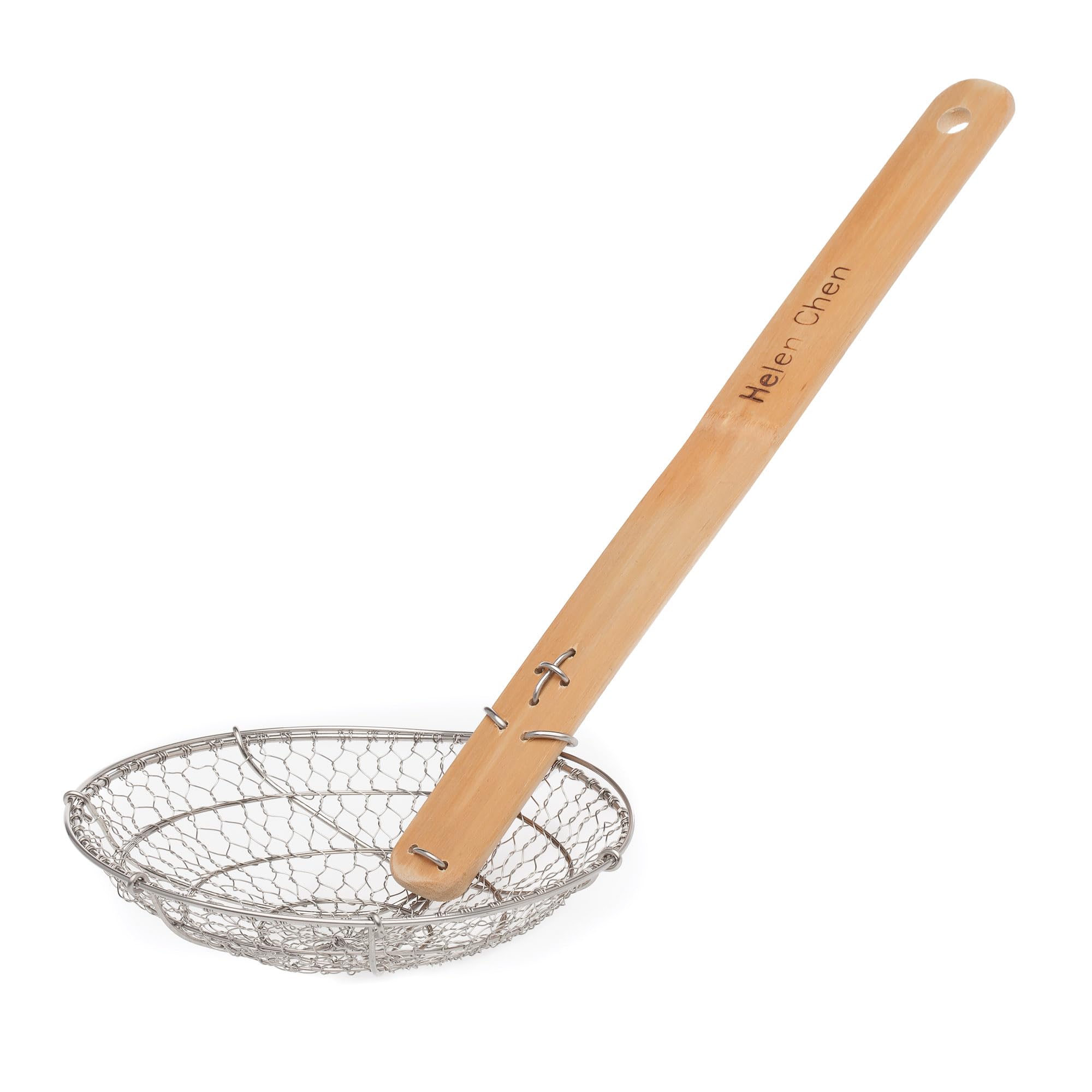 Helen's Asian Kitchen spider strainer with bamboo handle keeps hands cool during frying.