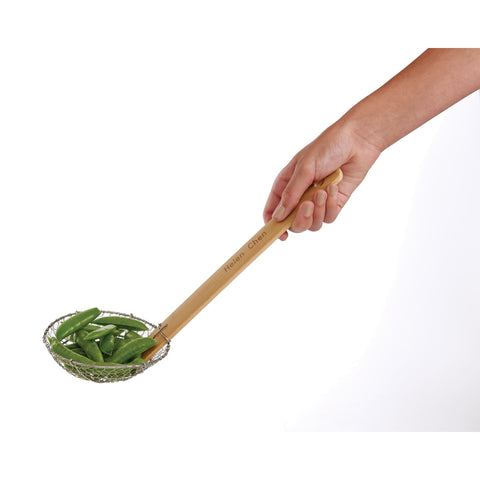 Helen's Asian Kitchen netted mesh spider strainer suitable for dumplings during cooking.
