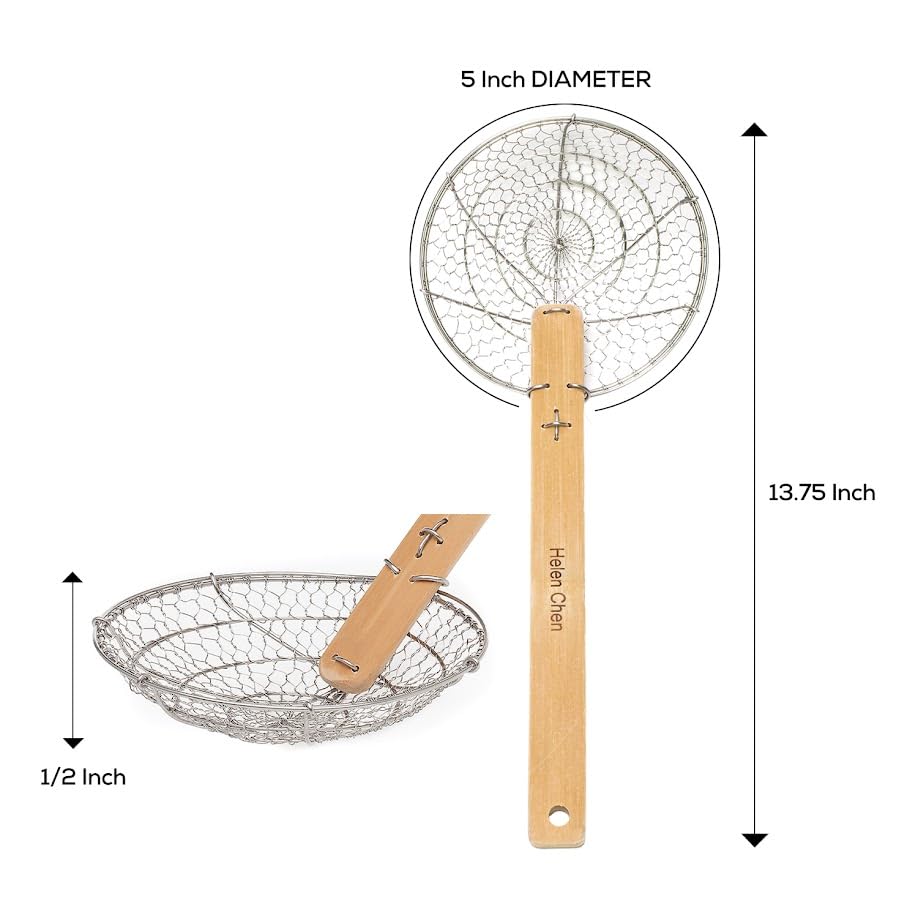 Helen's Asian Kitchen stainless steel mesh spider strainer ideal for dumplings and noodles.