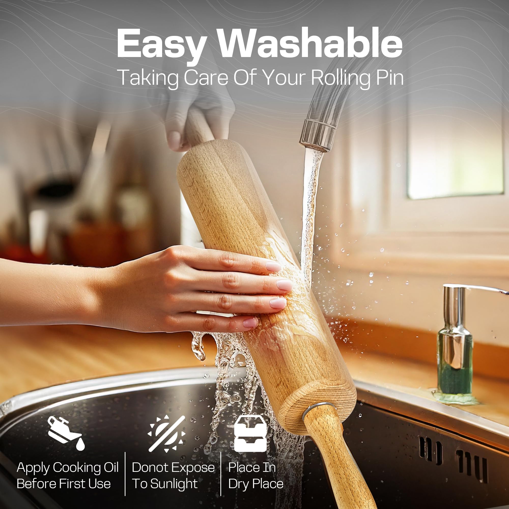 HELFERX rolling pin used for pizza dough to achieve even crust thickness.