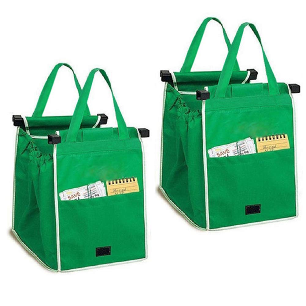 Helishy 2Pack trolley bags clipped to cart for easy shopping organization.