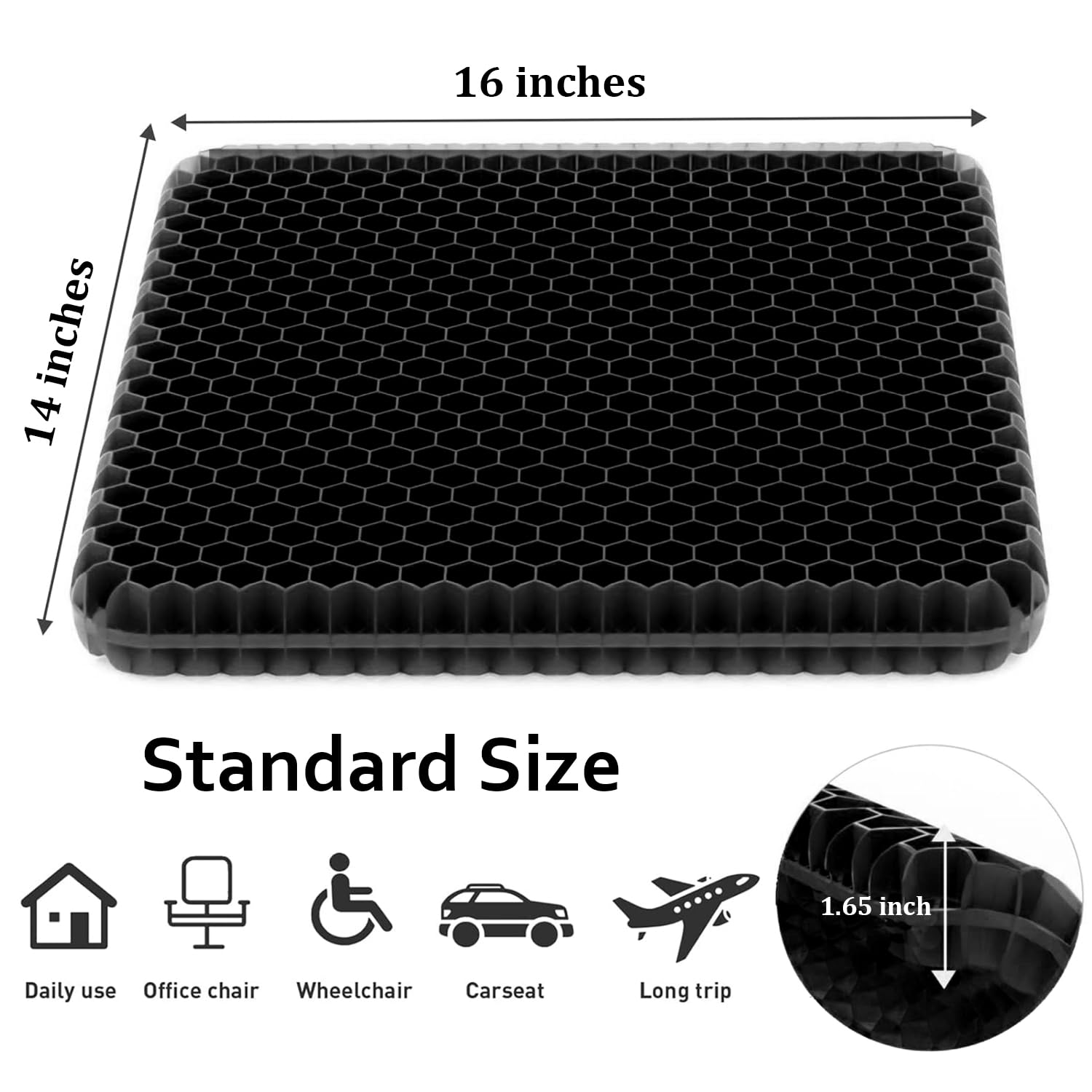 Helishy Egg Gel Seat Cushion fits office, car, and wheelchair seating for versatility.