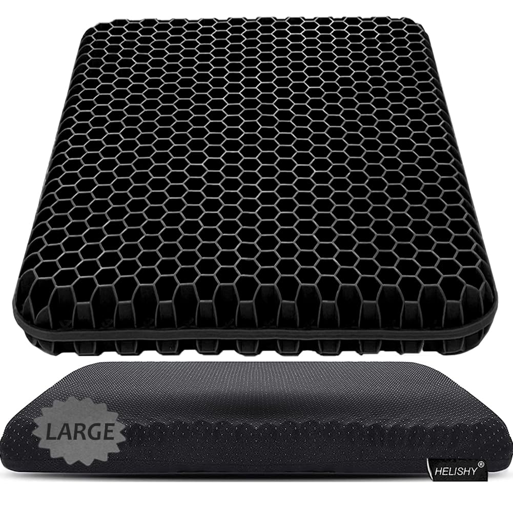 Helishy gel seat cushion large 17x17 with ergonomic design supports long sitting comfort and reduces lower back strain.