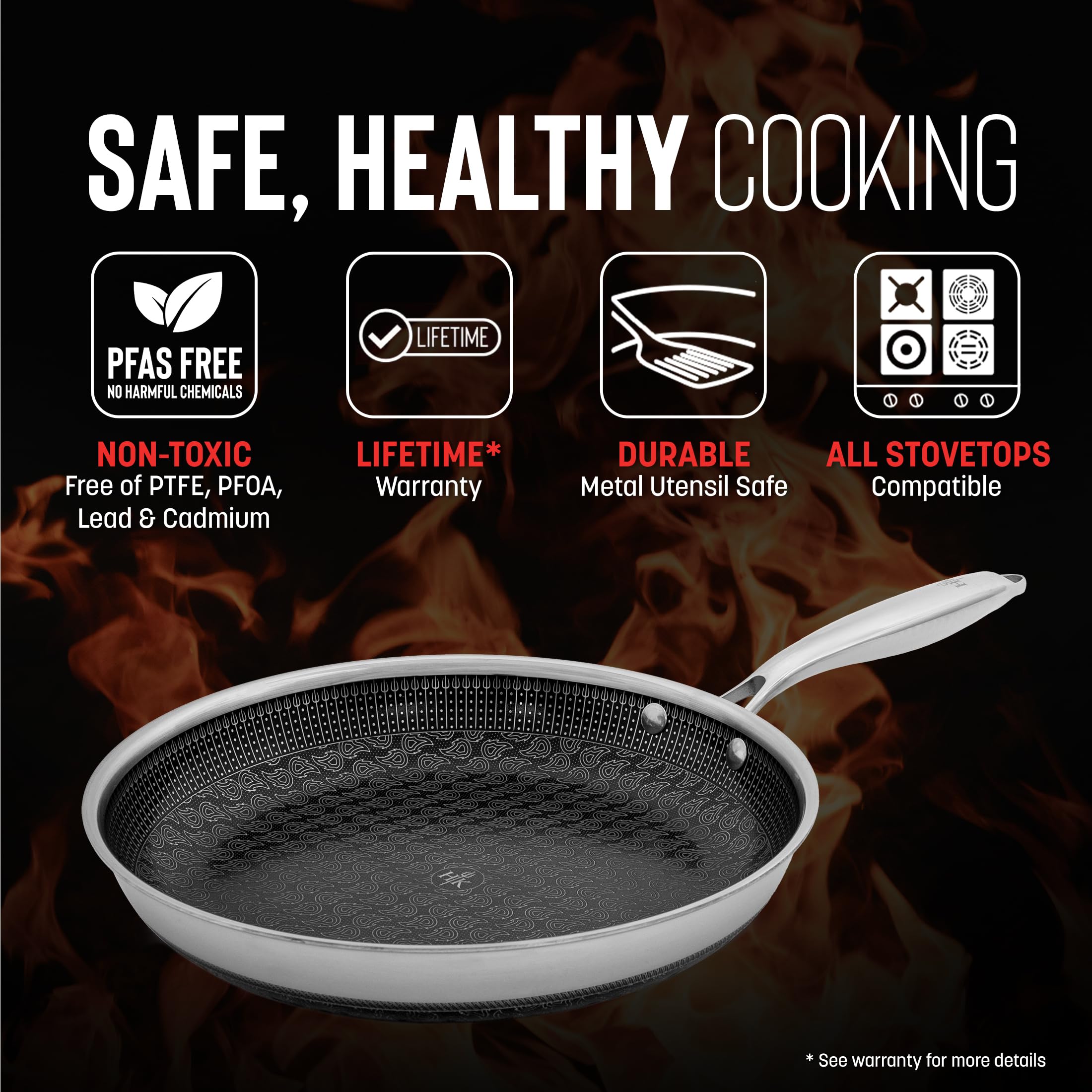 Hell's Kitchen Hybrid pan shows tri-clad construction for even heat distribution.