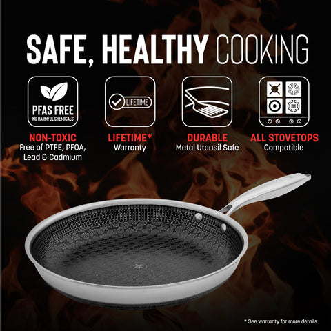 Hell's Kitchen Hybrid pan shows tri-clad construction for even heat distribution.