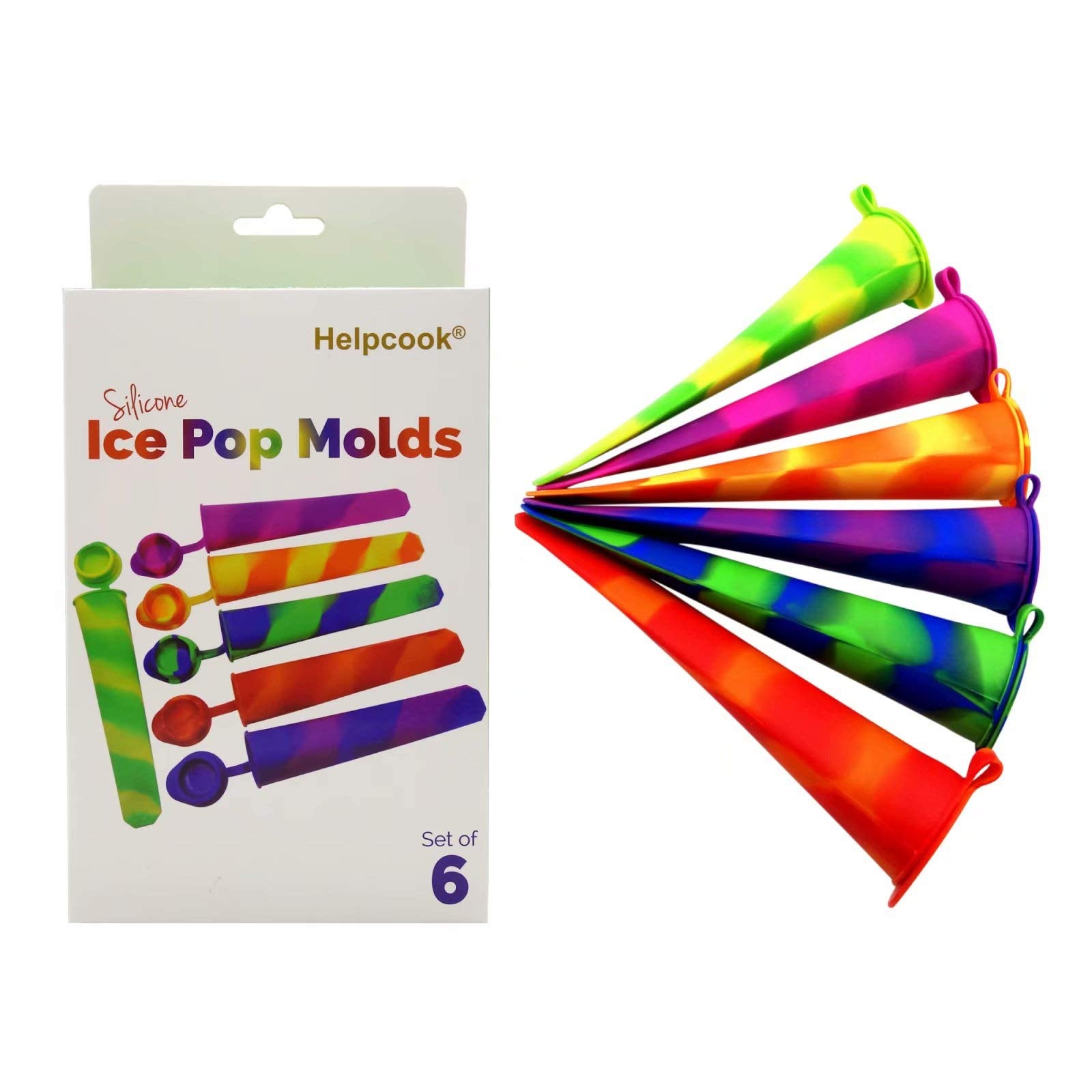 Helpcook silicone popsicle molds in a colorful six-pack for family snacks.