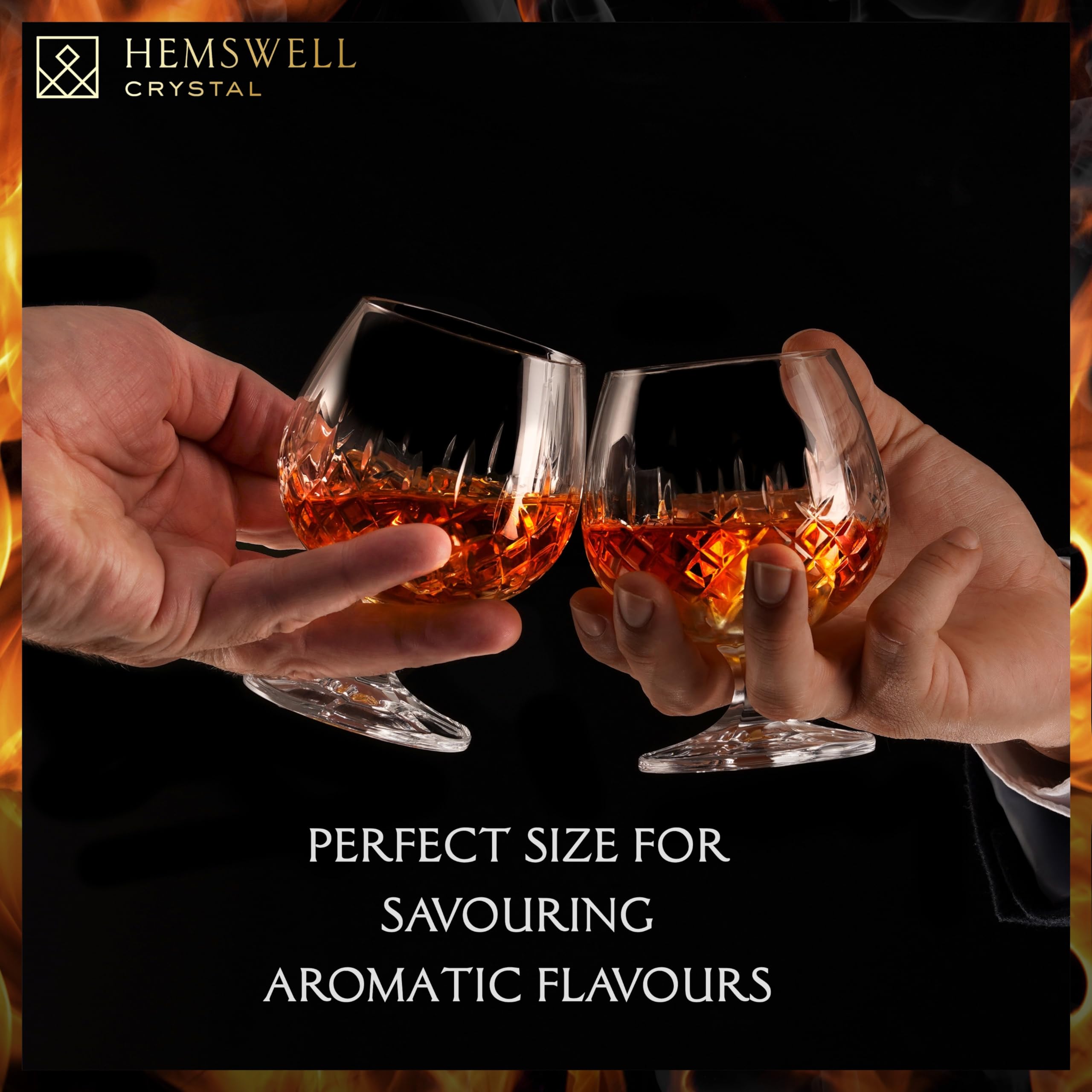 Hemswell Crystal tapered-bowl snifter held in hand, promoting aromatic enjoyment of spirits.