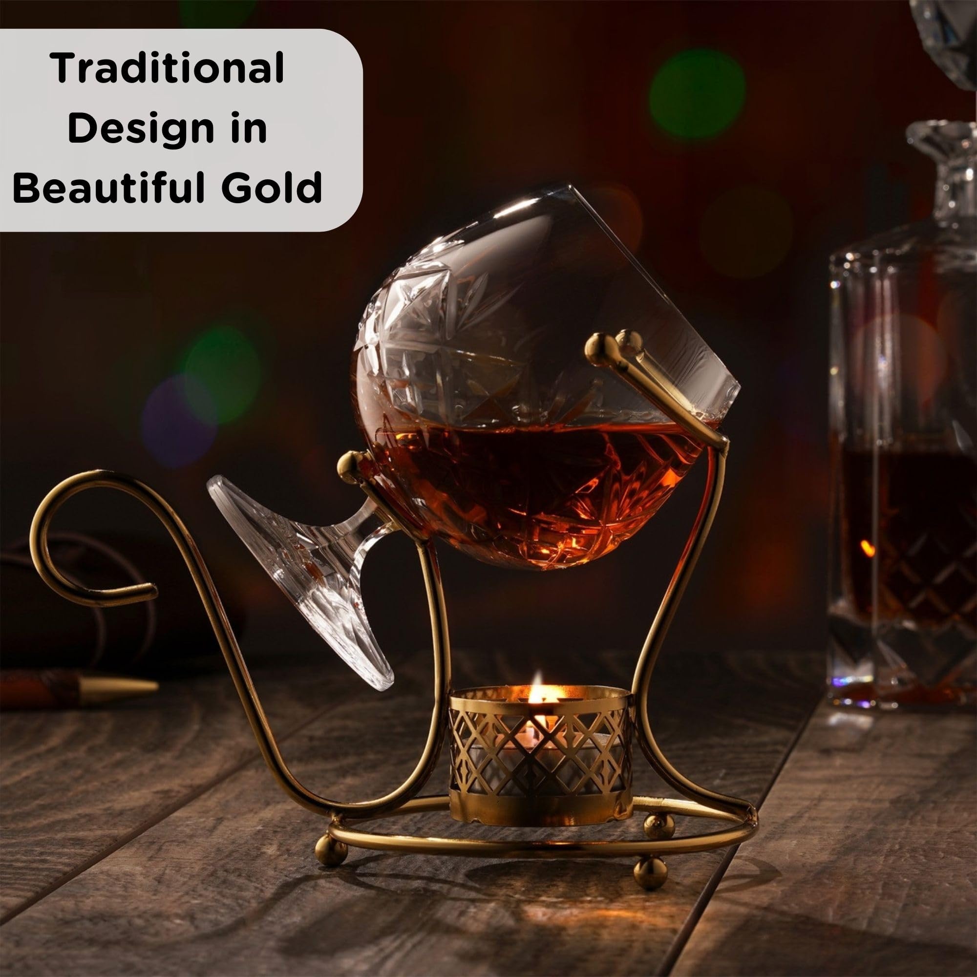 Hemswell Crystal tea light holder in gold creates inviting glow for cognac rituals.
