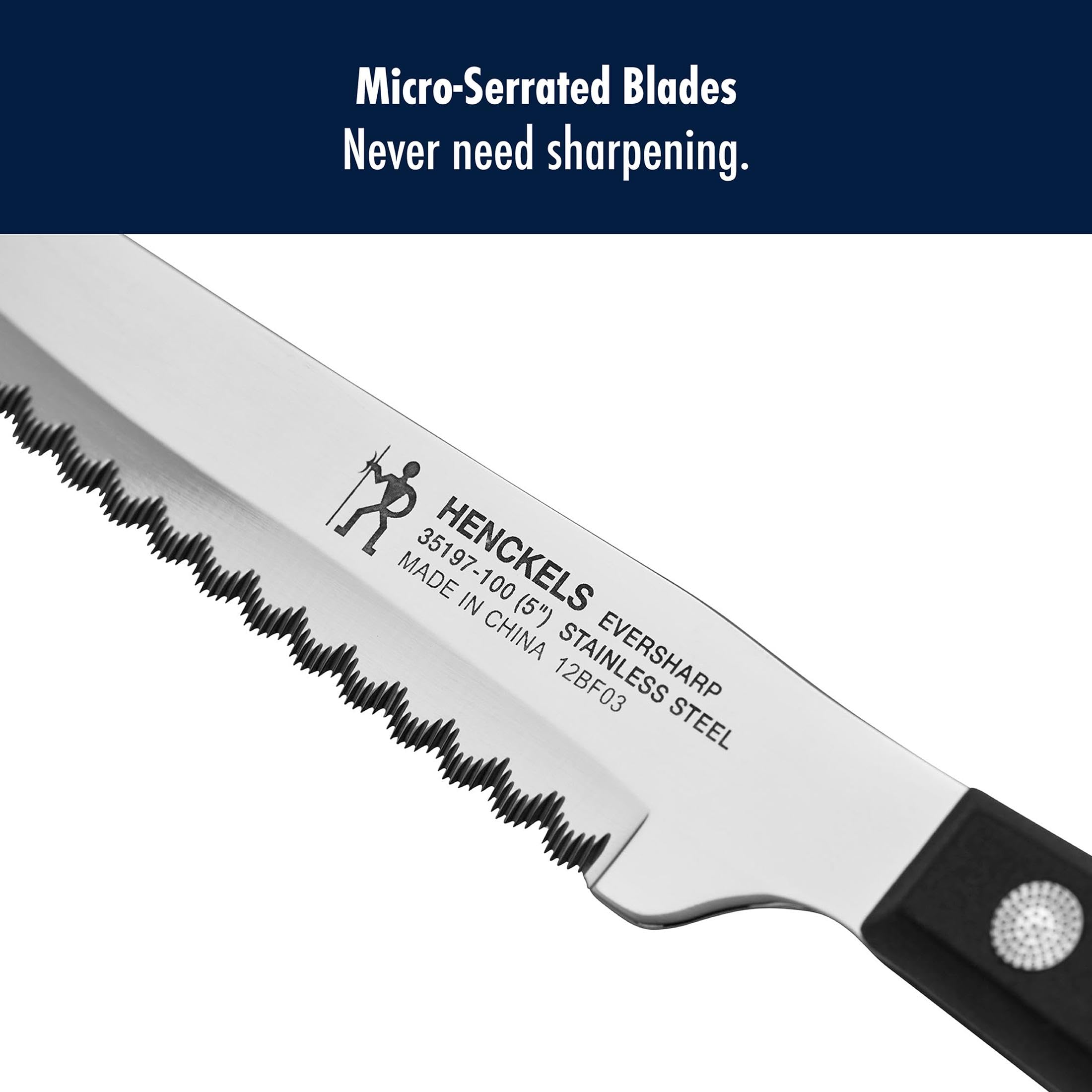 Henckels 4.5-inch steel blade close-up demonstrates long-lasting sharpness.