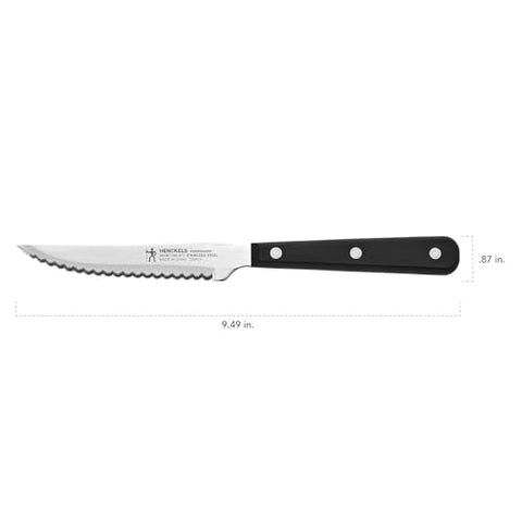 Henckels 8-piece steak knife set close-up showing comfortable grip.