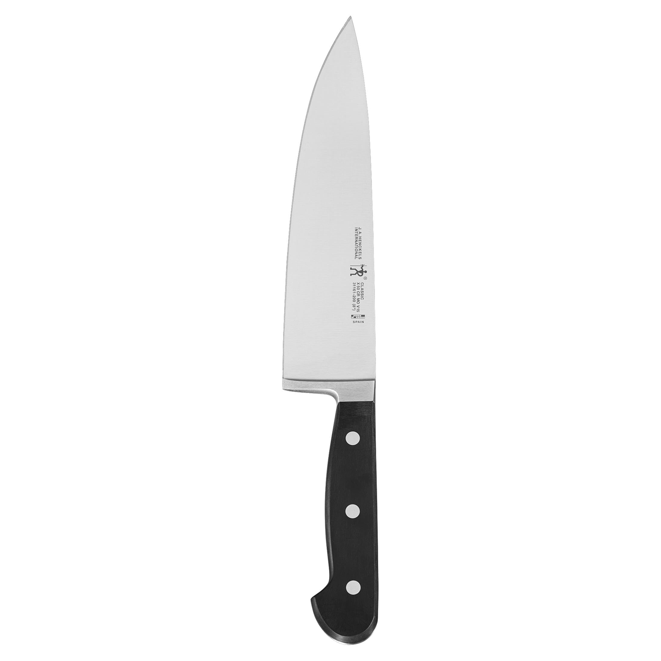 Henckels Classic 8-inch knife blade close-up with ultra-sharp edge for precise cuts.