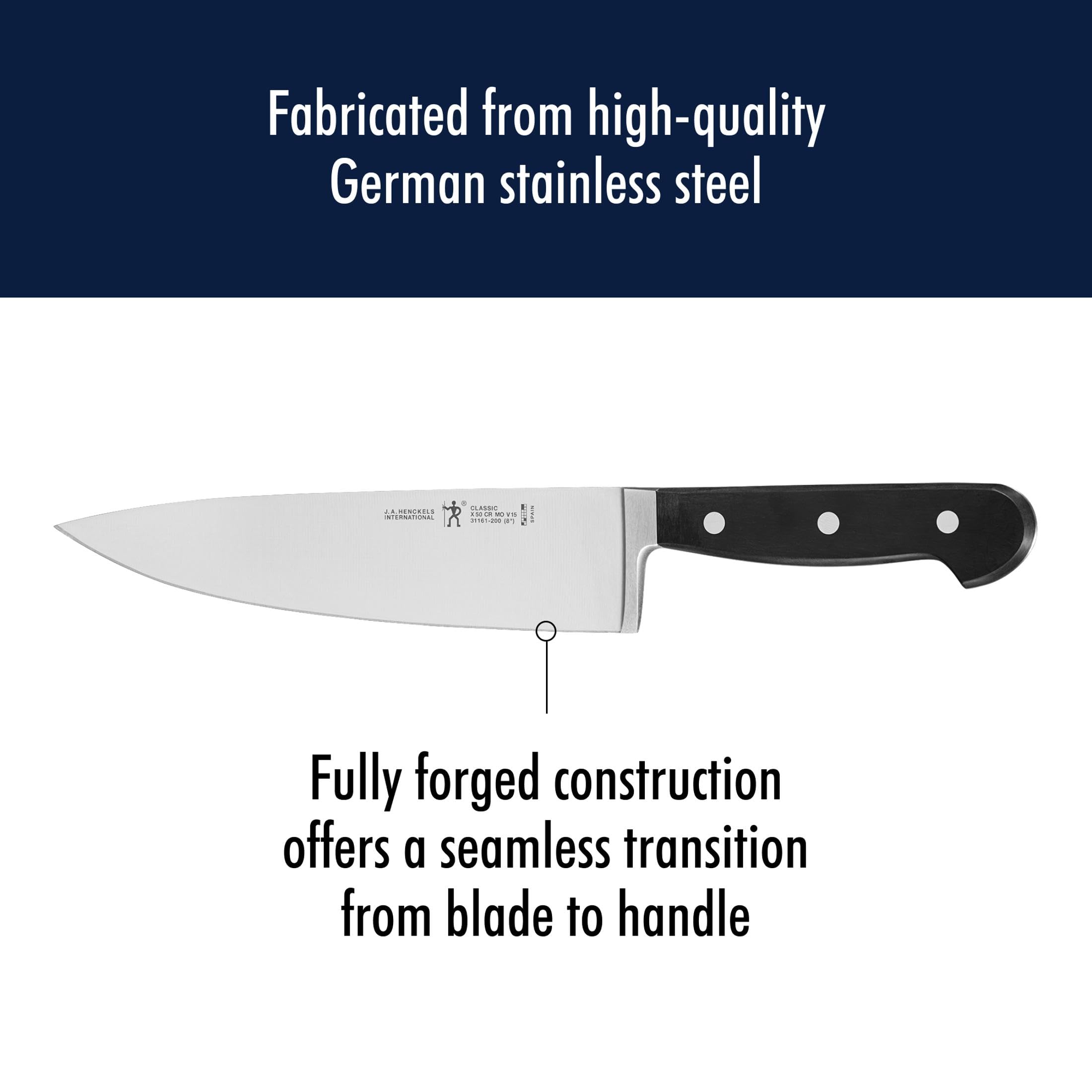 Henckels chef knife ready for meat prep with balanced control.
