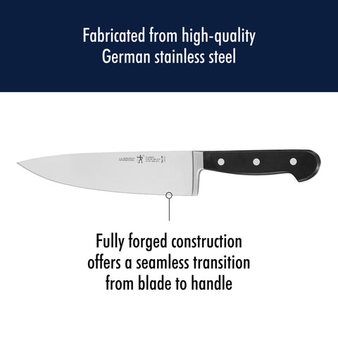 Henckels chef knife ready for meat prep with balanced control.