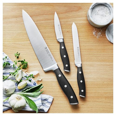 Henckels Forged Accent 3pc starter set handle offers ergonomic grip comfort.