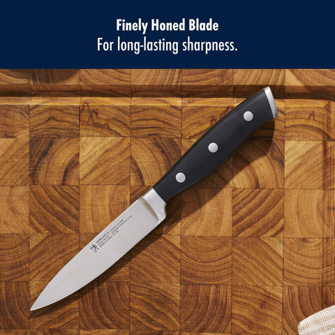 Dishwasher-safe cleanup shown with Henckels paring knives.
