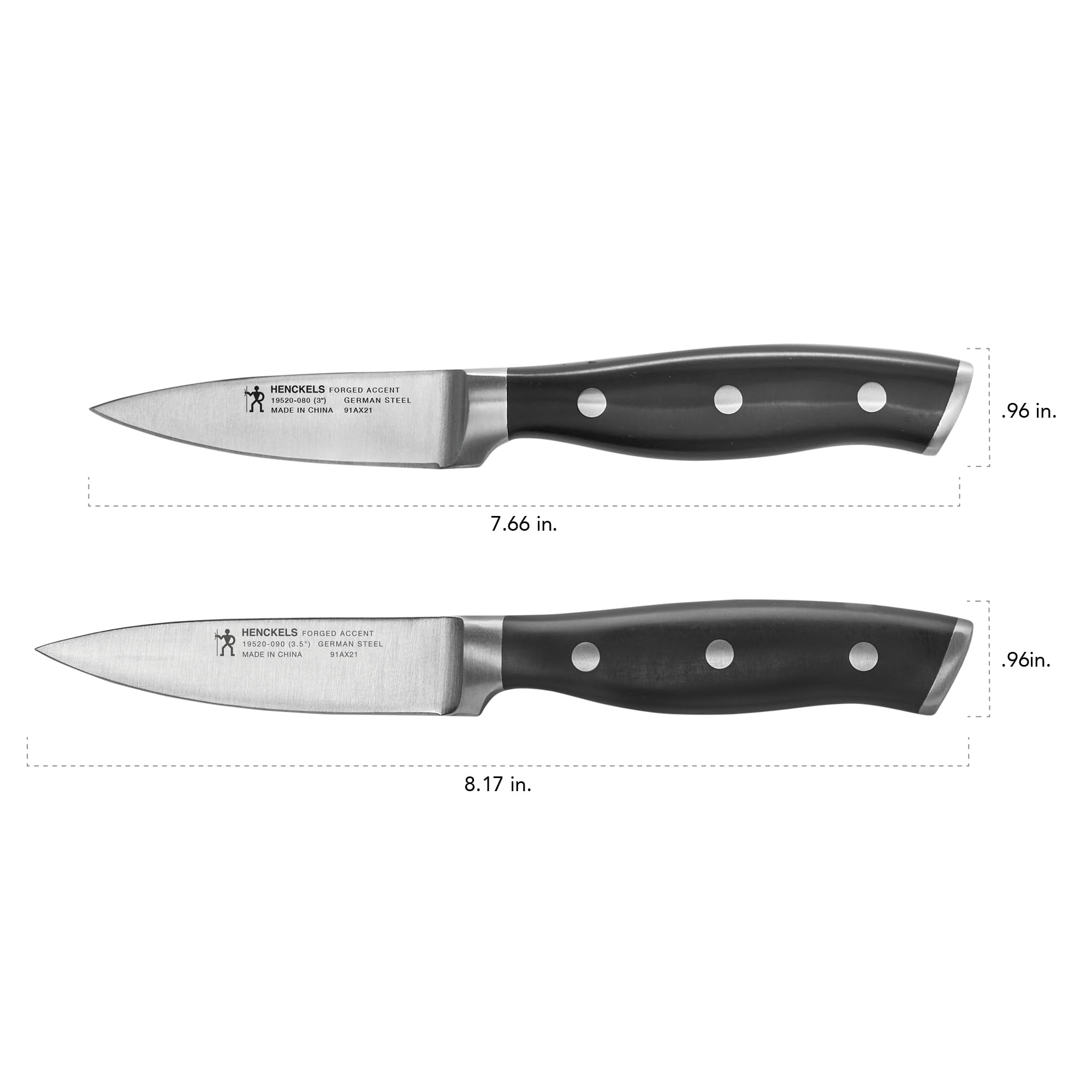 Ergonomic triple-rivet handle on Henckels Forged Accent for comfortable grip.