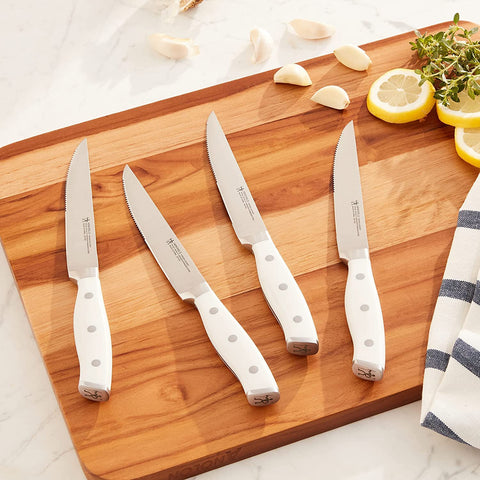 Satin-finished blade edge catching soft kitchen light.