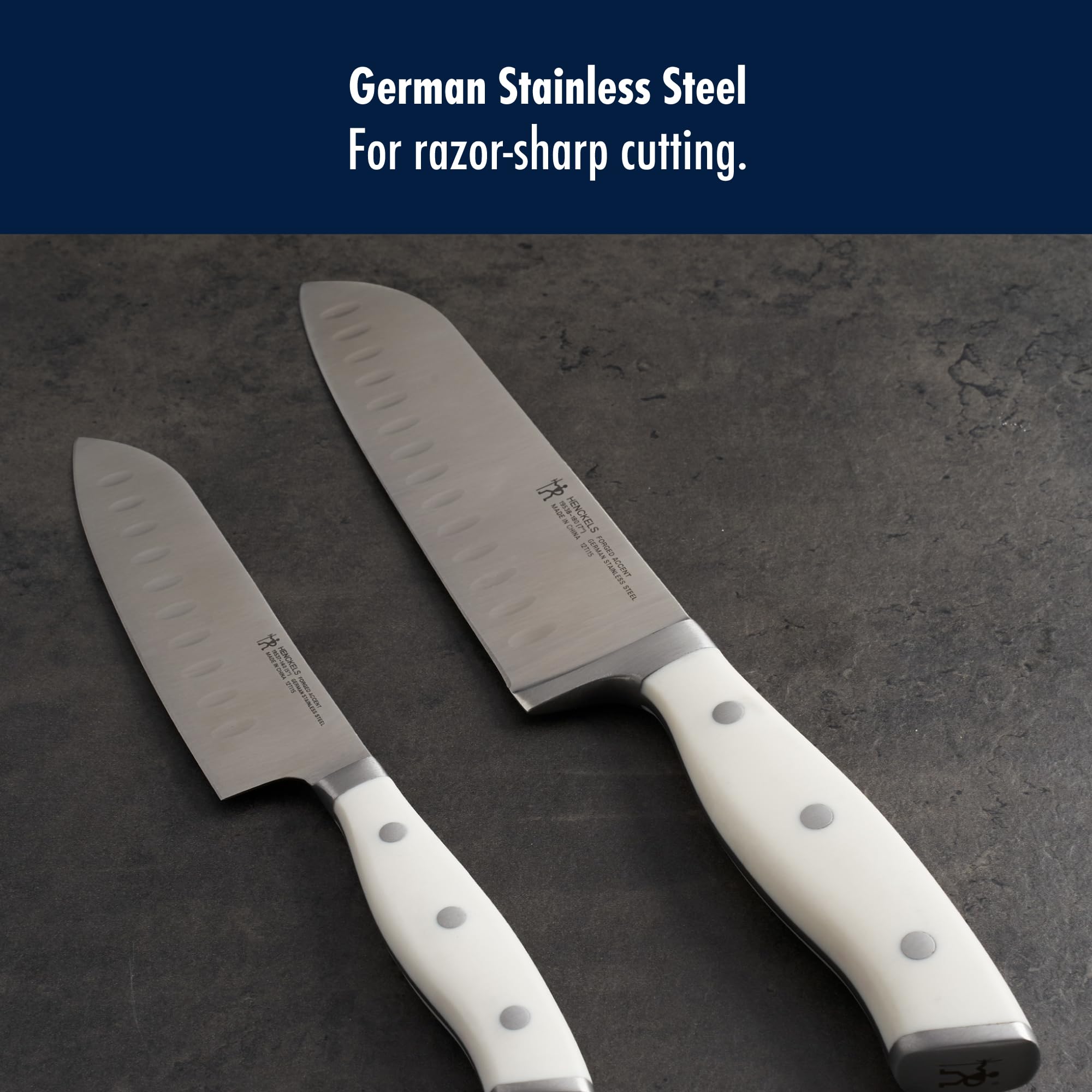 HENCKELS Forged Accent white-handle block-ready image suggests stylish kitchen organization