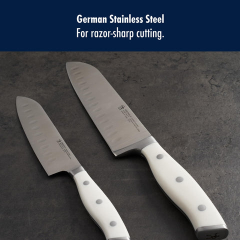 HENCKELS Forged Accent white-handle block-ready image suggests stylish kitchen organization