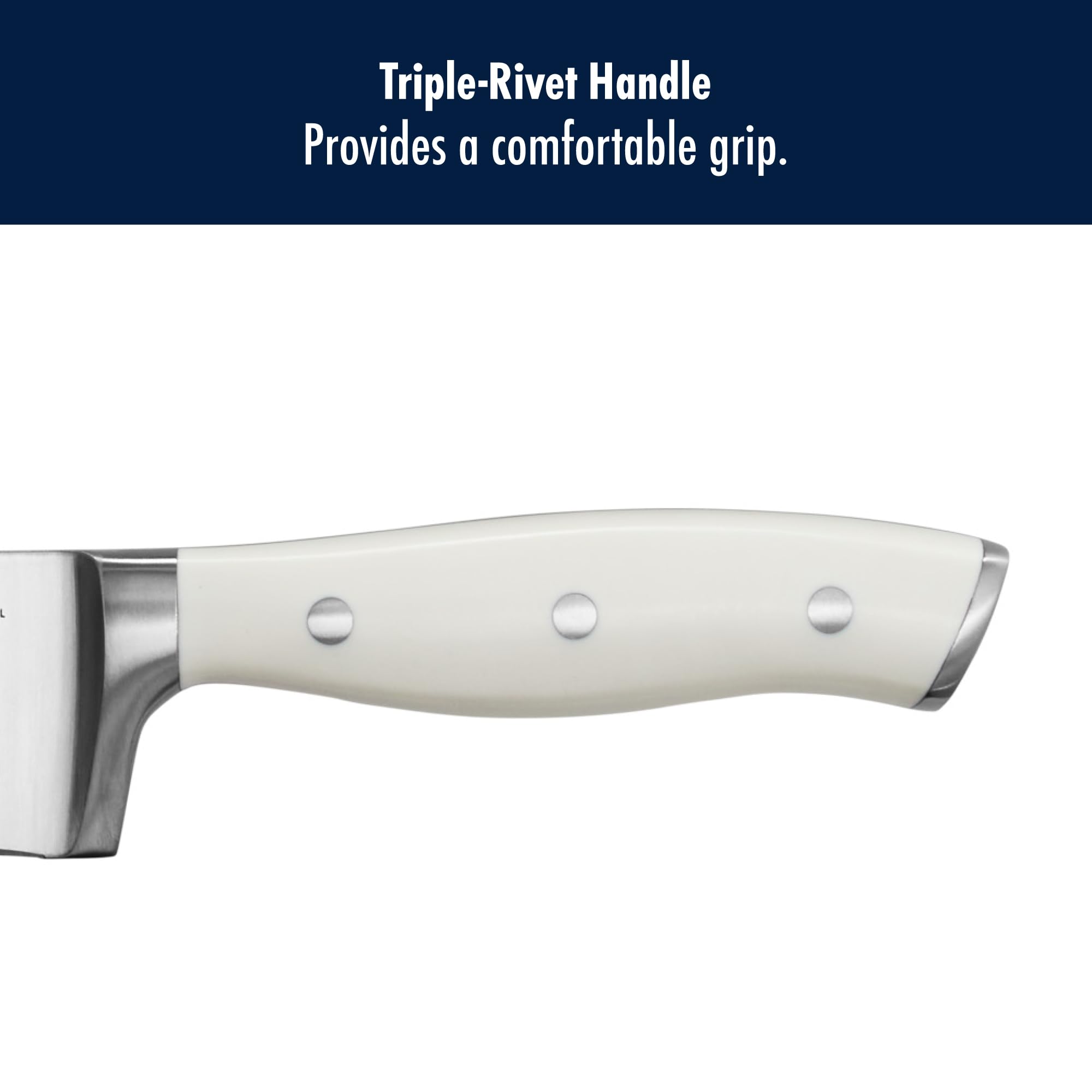 HENCKELS Forged Accent tri-rivet handle shown during chopping herbs