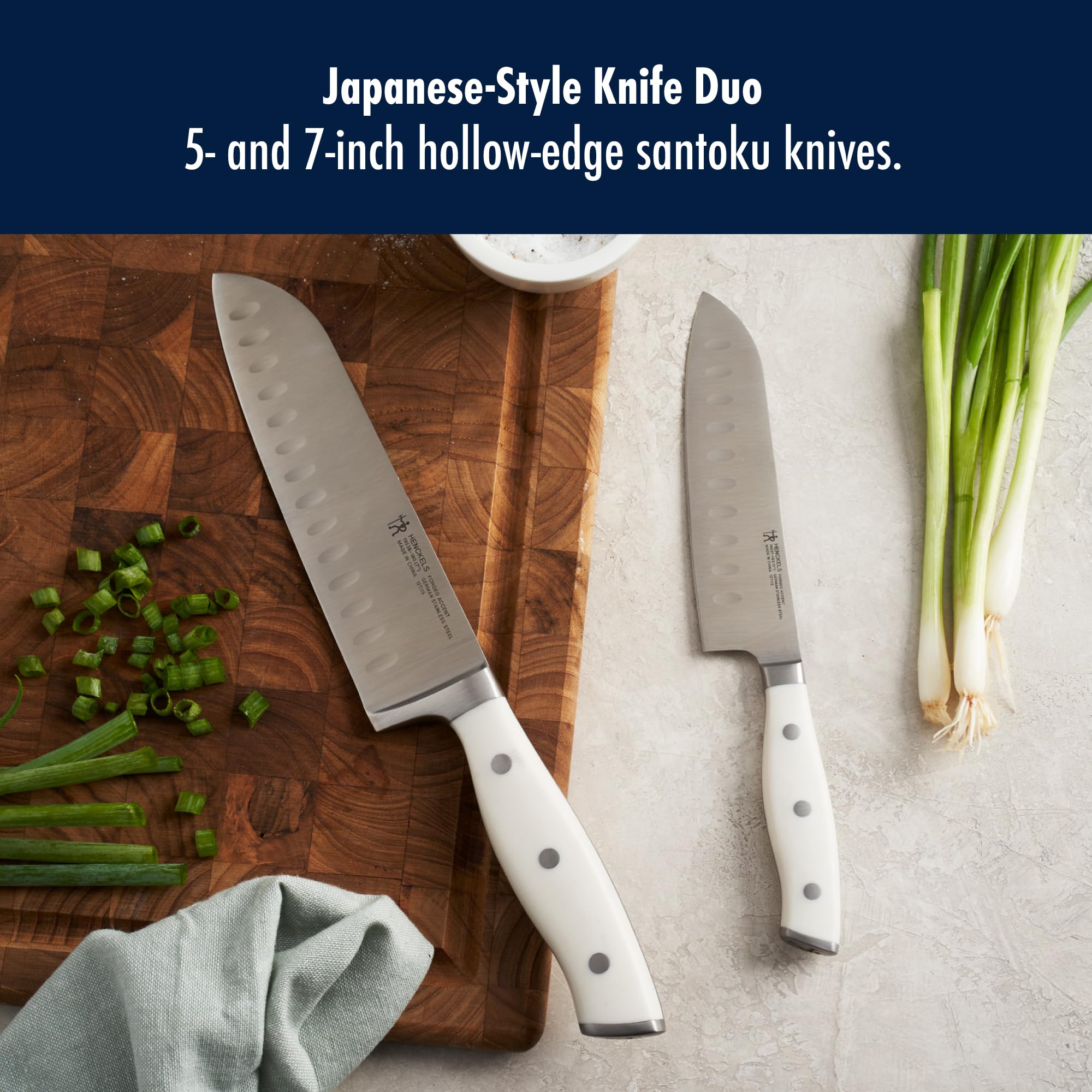 HENCKELS Forged Accent Santoku with triple-rivet handle showcases ergonomic design for comfortable chopping