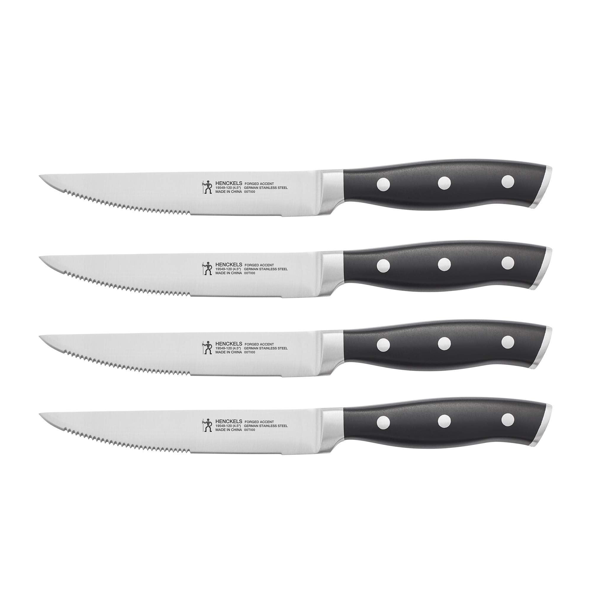 HENCKELS Forged Accent steak knife set front view highlighting precision blades.