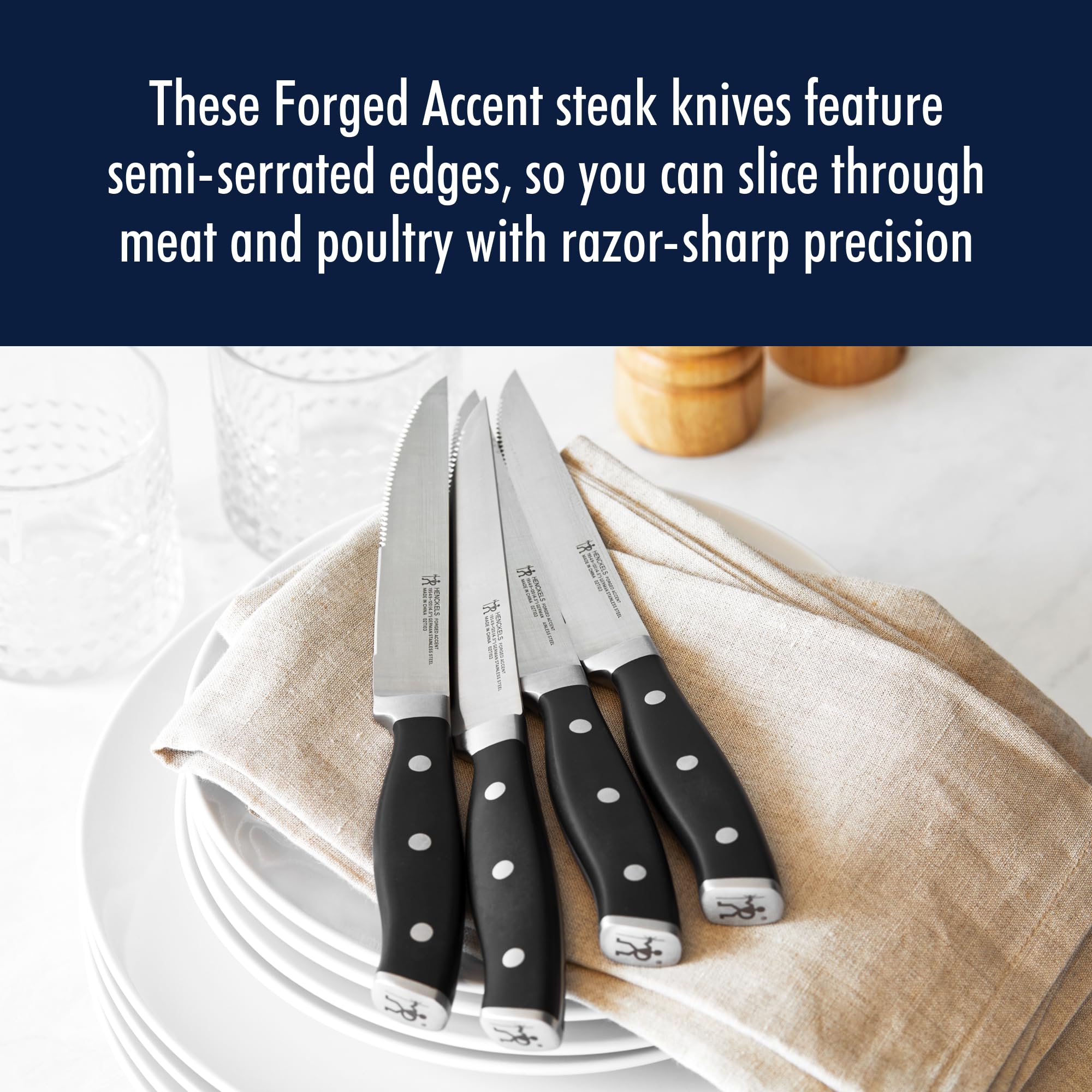 HENCKELS Forged Accent blade close-up reveals razor-sharp edge quality.