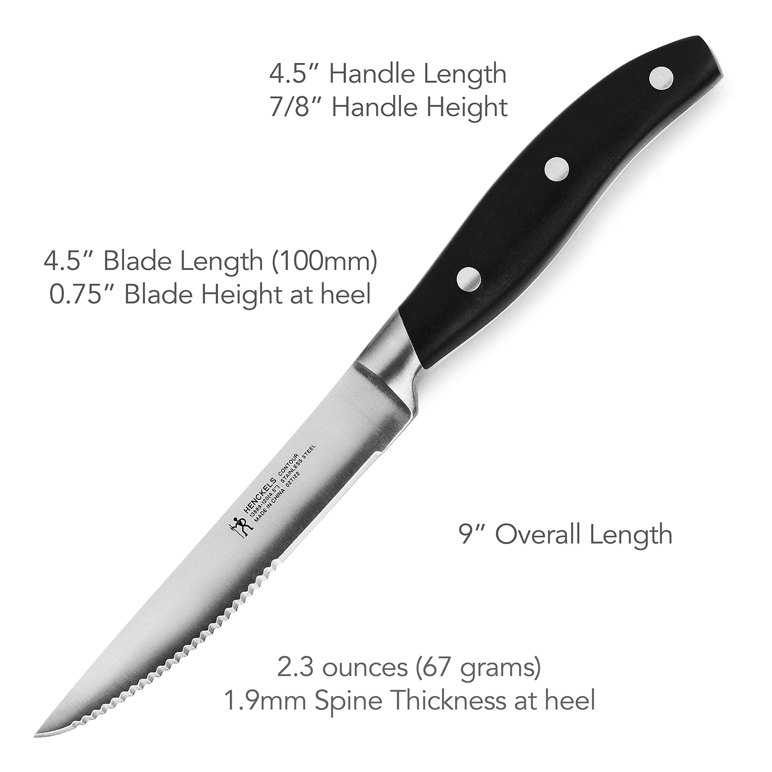 Full tang with bolster on Henckels Forged Contour 8pc steak knives for balanced control.