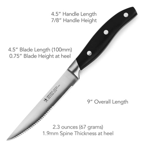 Full tang with bolster on Henckels Forged Contour 8pc steak knives for balanced control.
