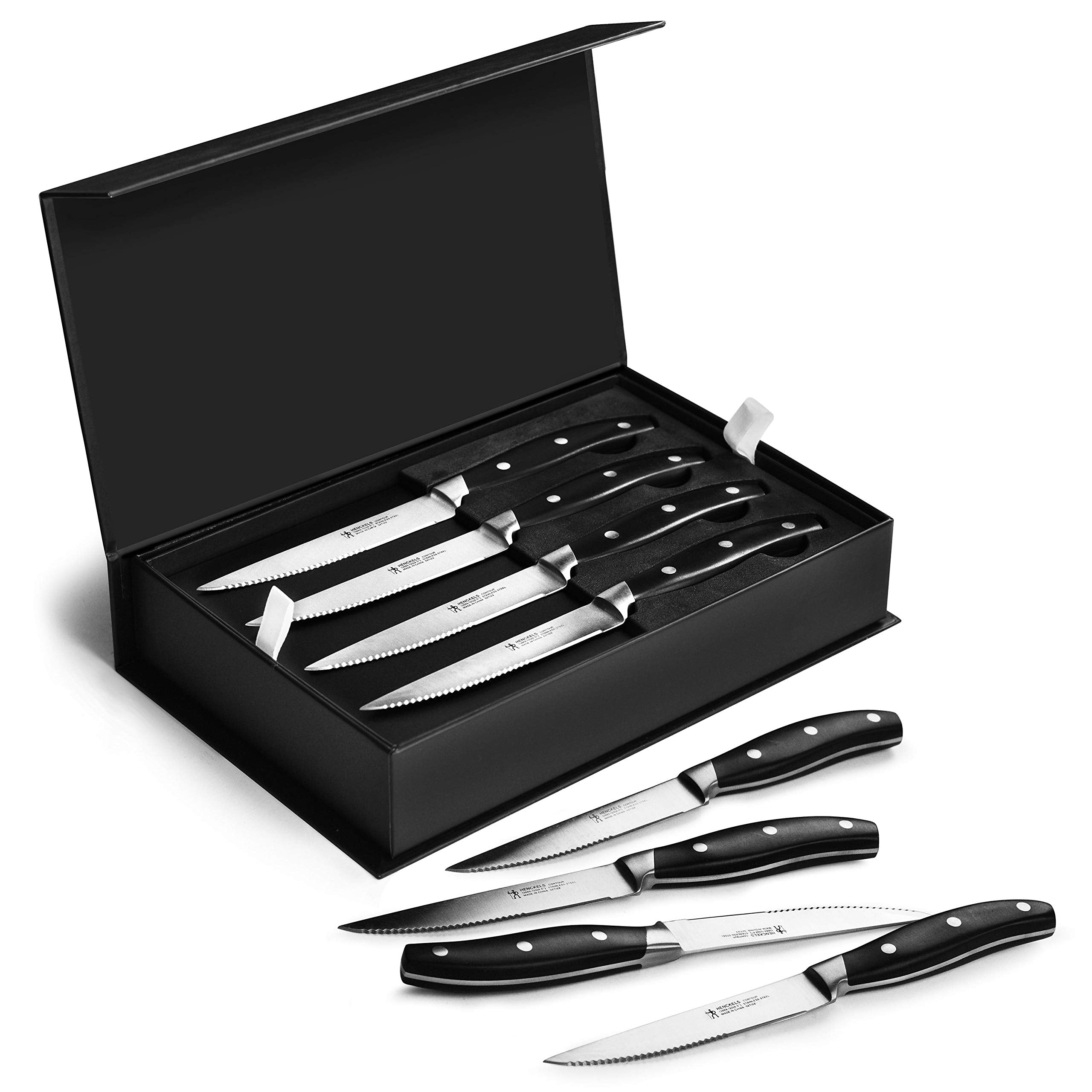 Henckels Forged Contour 8pc steak knife set in a gift box for stylish gifting and ready use.
