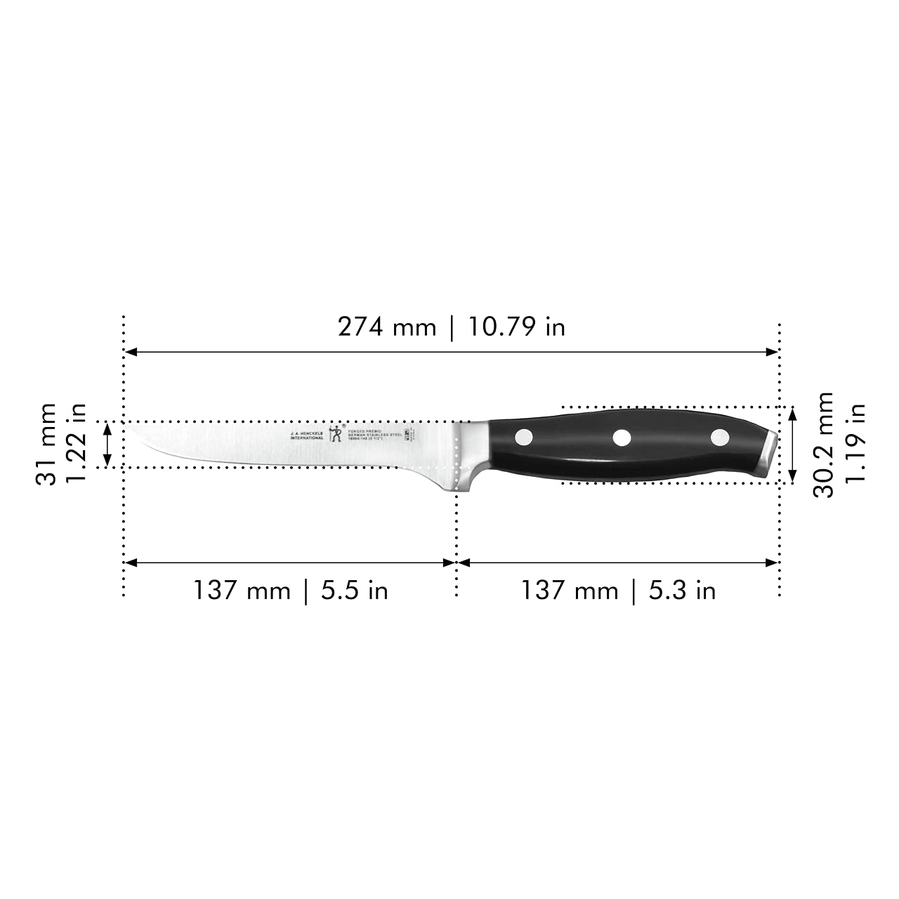 Henckels Forged Premio curved triple-rivet handle for ergonomic grip