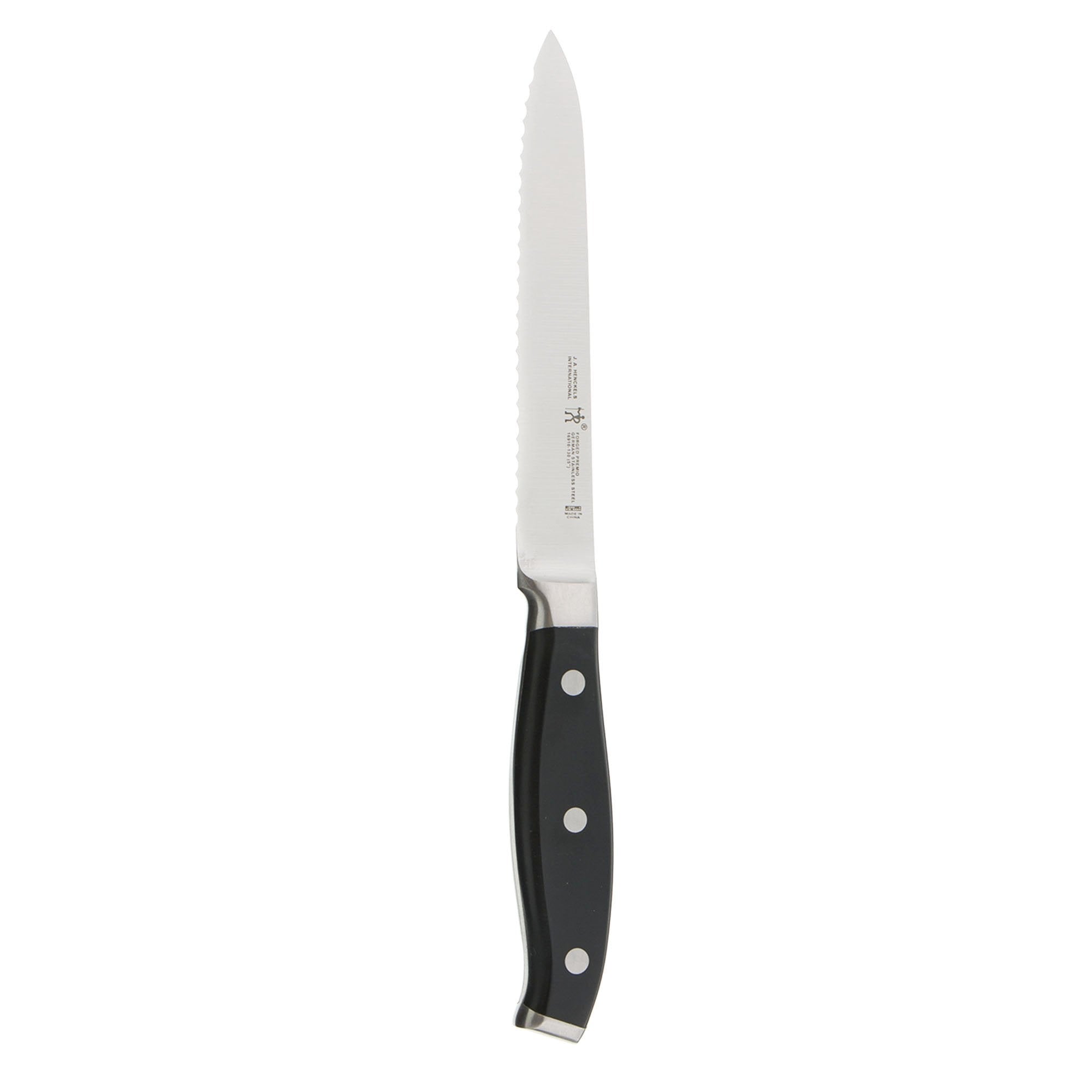 Henckels Forged Premio 5-inch serrated utility knife blade for crusty bread.