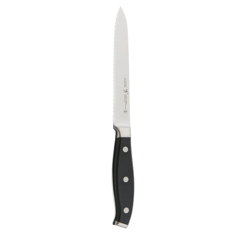 Henckels Forged Premio 5-inch serrated utility knife blade for crusty bread.