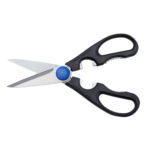 Henckels kitchen shears showing integrated bottle opener for quick cap removal.