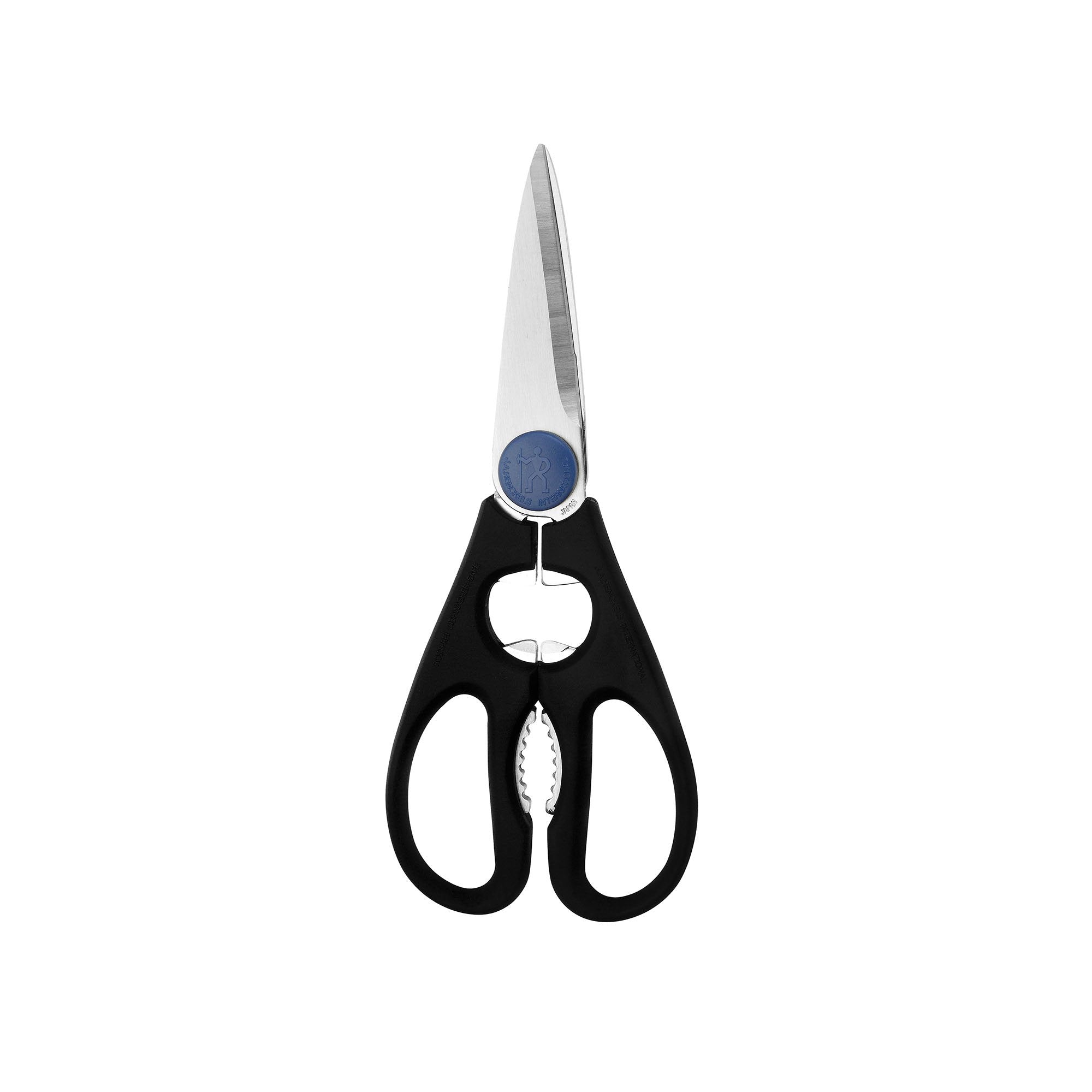 Henckels kitchen shears close-up of the micro-serrated blade for slip-proof cutting.