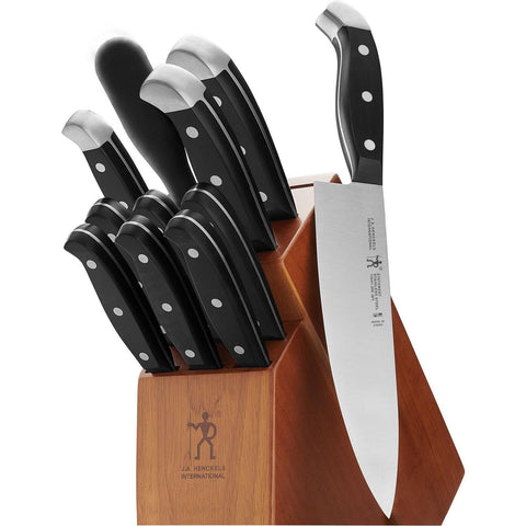 Henckels premium 12-piece knife set block close-up showing sharp, durable blades for precise slicing.