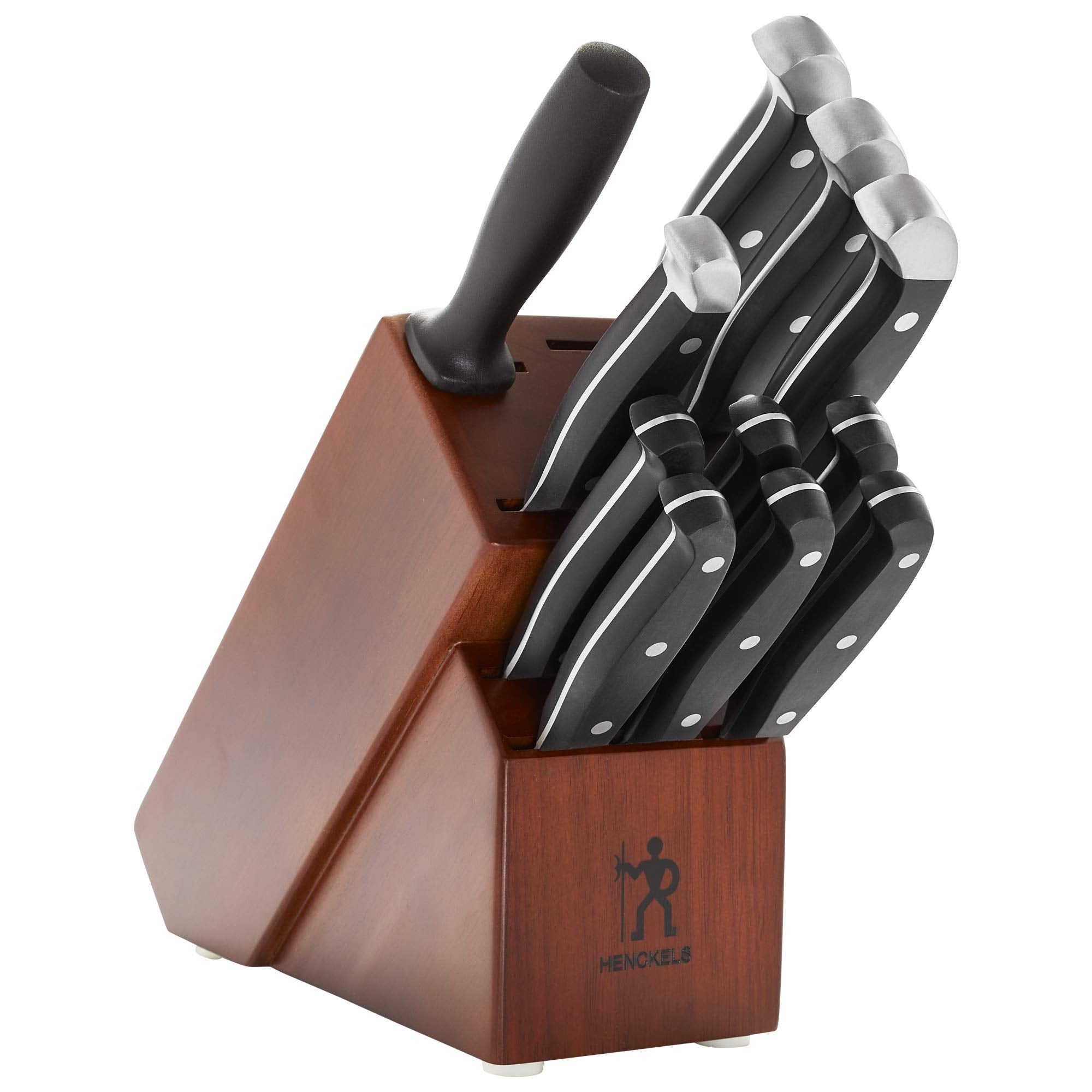 Henckels Premium 12-piece knife set with sharpener; keeps edges sharp.