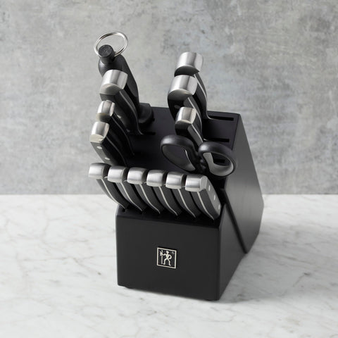 HENCKELS block with sharpener keeps blades sharp and organized.