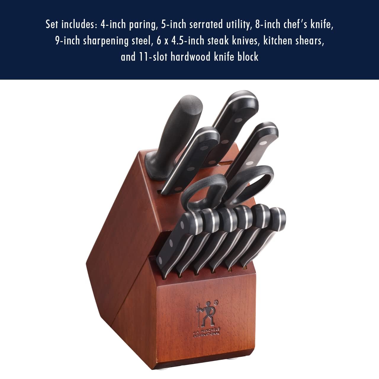 Henckels Solution 11-slot hardwood block organizes knives securely.
