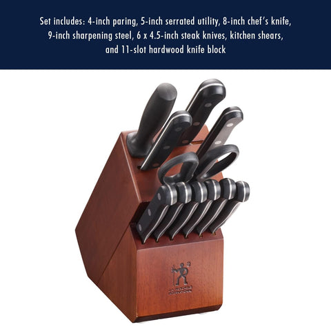 Henckels Solution 11-slot hardwood block organizes knives securely.