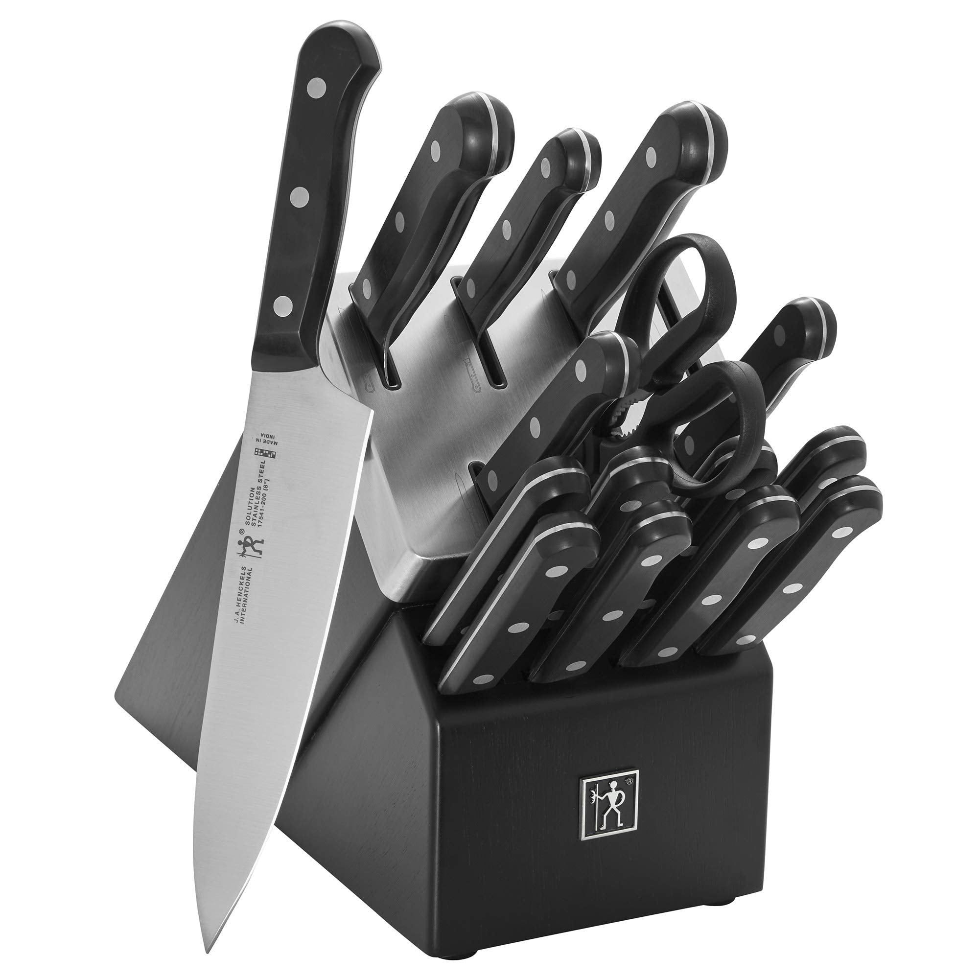 HENCKELS Solution block knife set on the counter for organized meal prep.