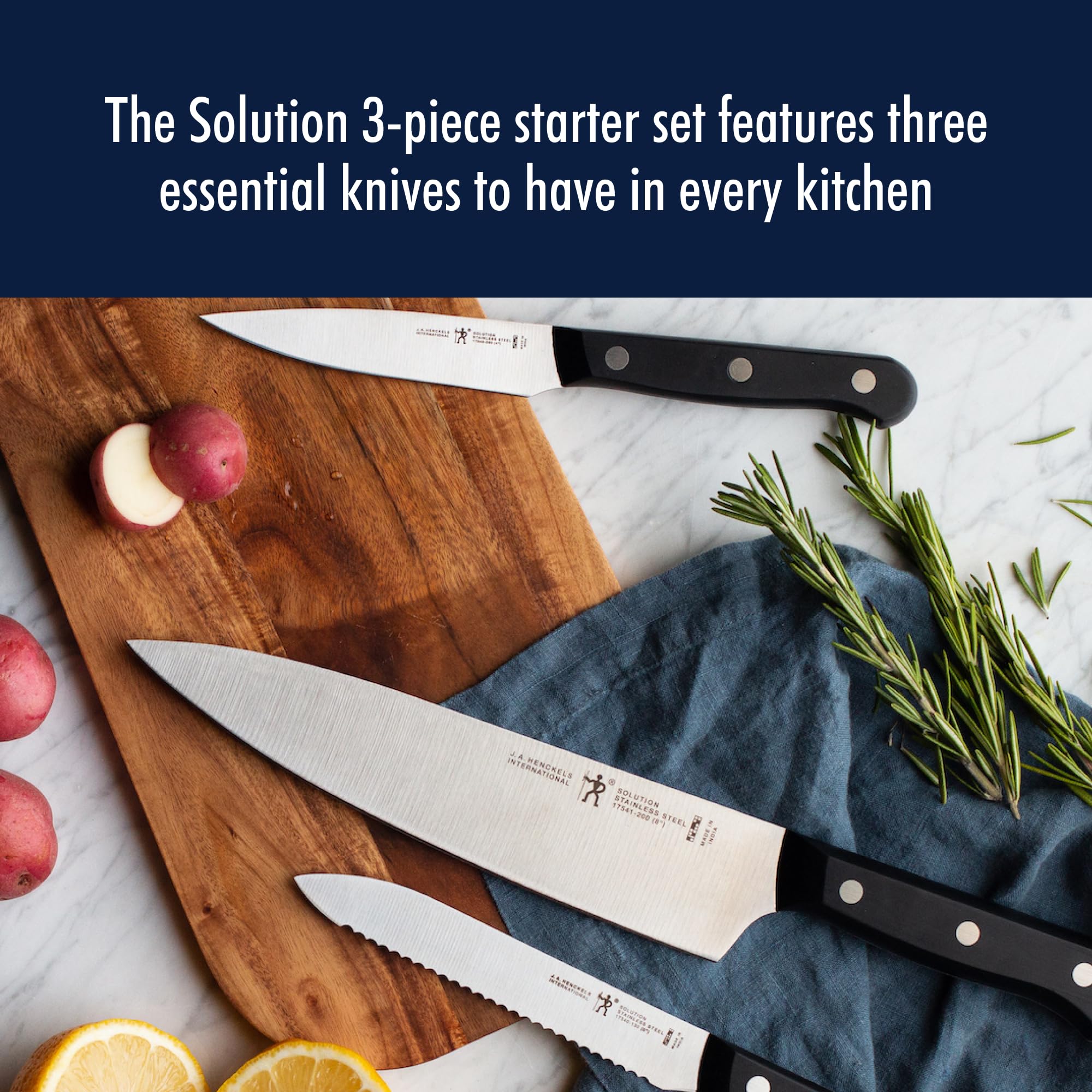 Henckels Solution full tang ergonomic handle for balanced control.