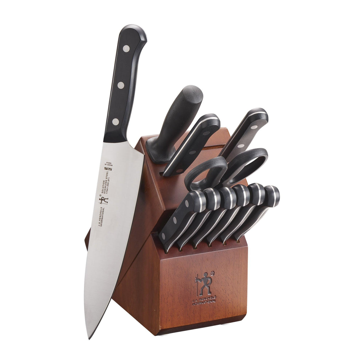 Henckels Solution razor-sharp 12-piece set on walnut block for precise prep tasks.