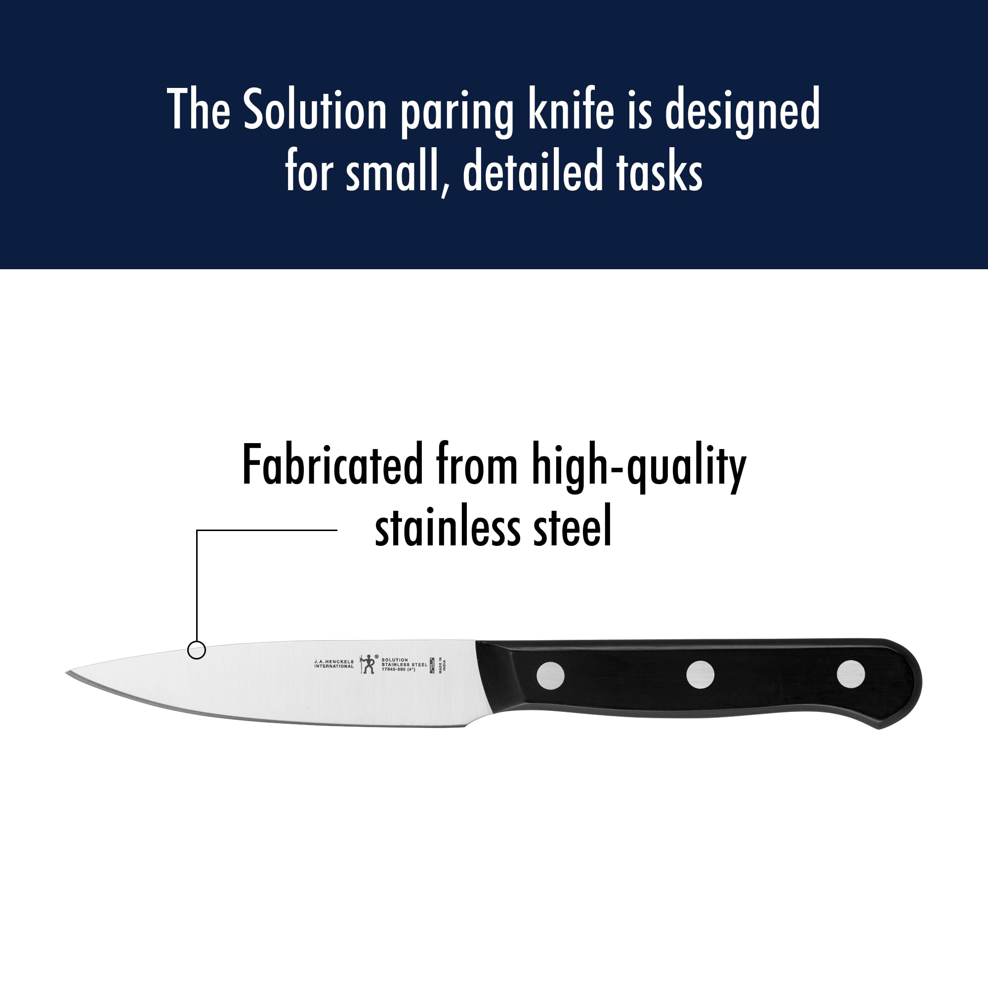 Henckels Solution Razor-Sharp 4-Inch Knife ergonomic handle for comfortable cutting.